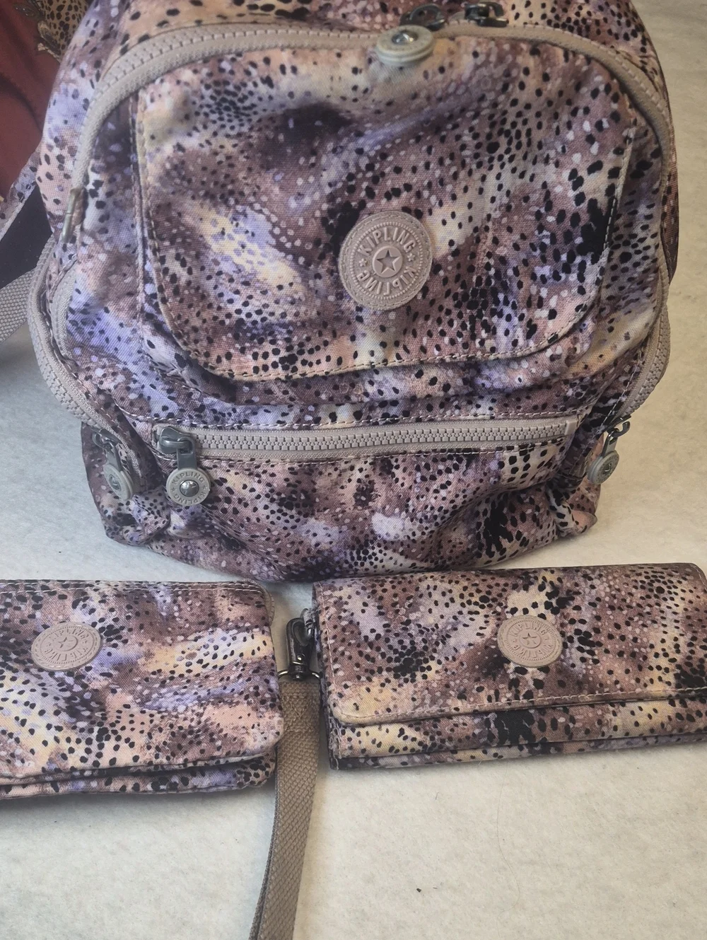 Kipling Mauve/Pink Speckled Mini Backpack with Matching Wallets